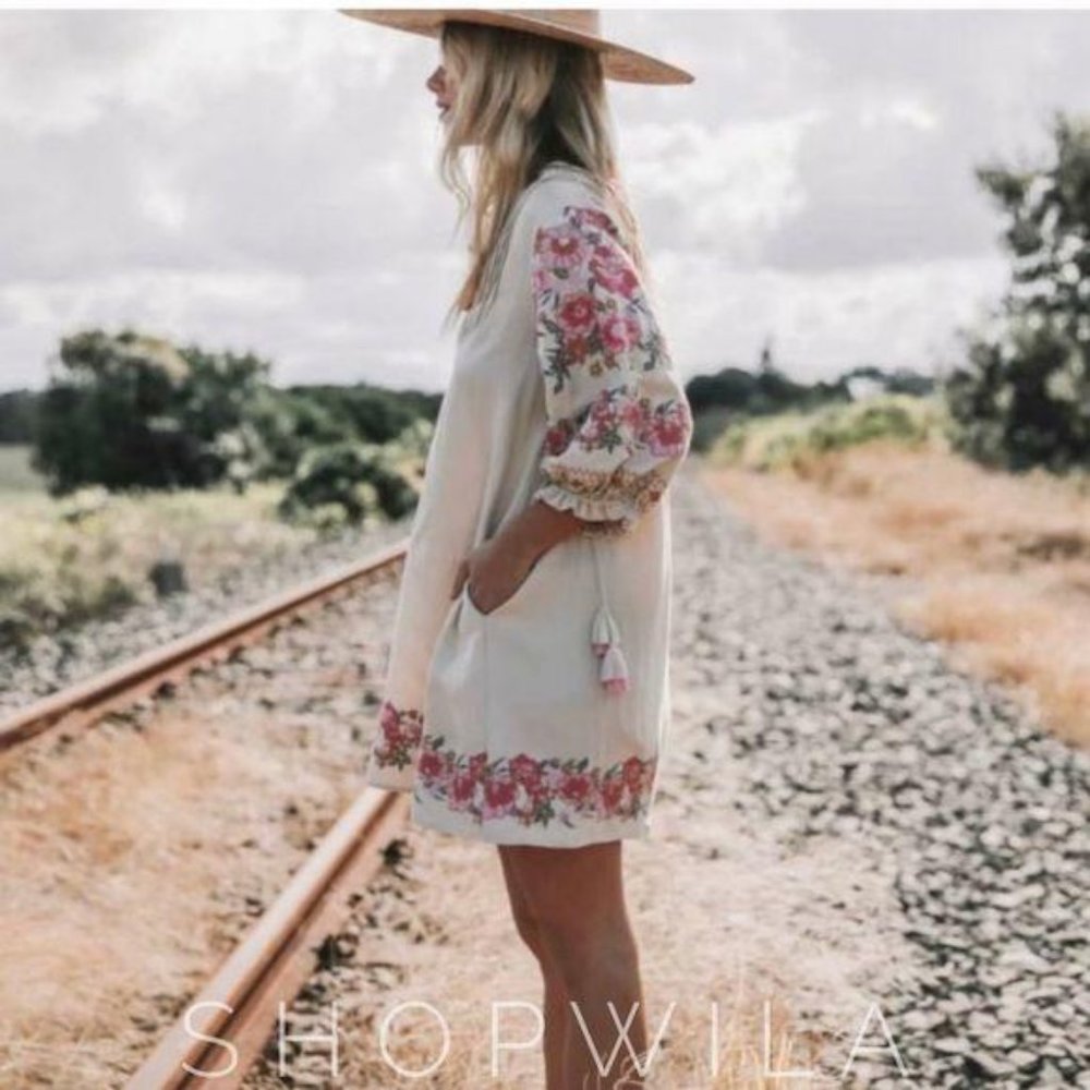Embroidered Floral Puff Sleeve Boho Dress Cream - Picture 2 of 7